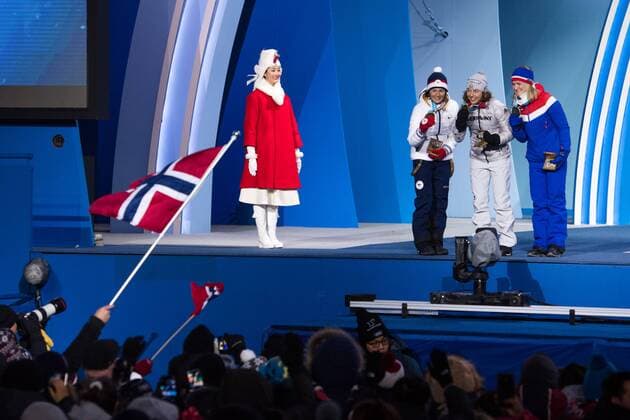180211 Marte Olsbu of Norway Silver Laura Dahlmeier of Germany Gold and Veronika Vitkova of Czech Republic Bronze at the medal ceremony for the Women s 4 X 5 km relay during day two of the 2018 Winter Olympics on February 11 2018 in Pyeongchang Photo Jon Olav Nesvold BILDBYR n code JE 160153  Copyright: JONxOLAVxNESVOLD BB180211BB545