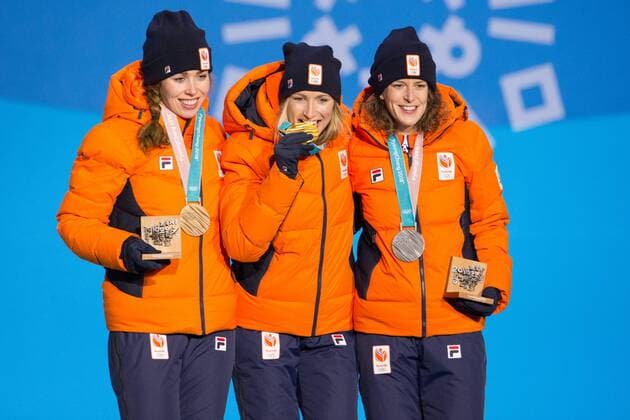 From left ladies 3000m Speed skating Eisschnelllauf silver medalist Ireen Wust, gold medalist Carlijin Achtereekte, and bronze medalist Antoinette de Jong all of the Netherlands pose for a photo during a medal ceremony for the Pyeongchang 2018 Winter Olympics, at the Olympic Medal Plaza in Daegwalnyeong, South Korea, on February 11, 2018.  OLY20180211124 MATTHEWxHEALEY