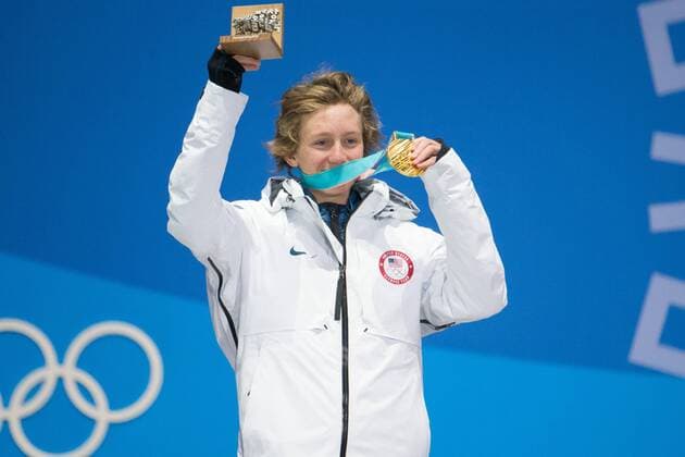 From left menÕs snowboard slopestyle gold medalist Redmond Gerard of the United States holds up his medal while on the podium during a medal ceremony for the Pyeongchang 2018 Winter Olympics, at the Olympic Medal Plaza in Daegwalnyeong, South Korea, on February 11, 2018.  OLY20180211145 MATTHEWxHEALEY