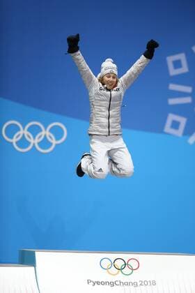 Laura Dahlmeier GER during victory ceremony of biathlon 7 5 km sprint at the 2018 Olympic Games in PyeongChang 11 02 2018