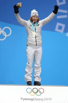 Laura Dahlmeier GER during victory ceremony of biathlon 7 5 km sprint at the 2018 Olympic Games in PyeongChang 11 02 2018