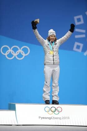 Laura Dahlmeier GER during victory ceremony of biathlon 7 5 km sprint at the 2018 Olympic Games in PyeongChang 11 02 2018