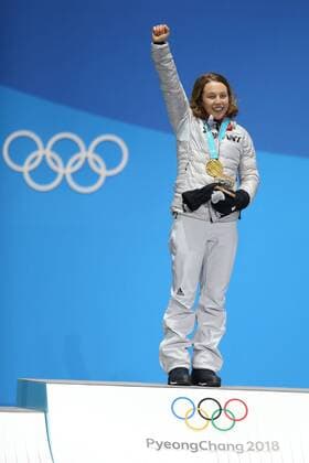 Laura Dahlmeier GER during victory ceremony of biathlon 7 5 km sprint at the 2018 Olympic Games in PyeongChang 11 02 2018
