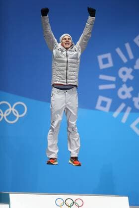 Andreas Cathy Eng during victory ceremony of ski jumping at the 2018 Olympic Games in PyeongChang 11 02 2018
