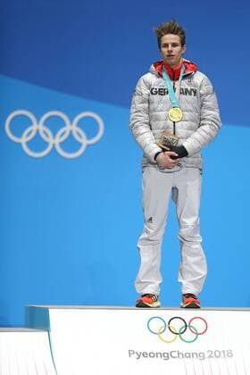 Andreas Cathy Eng during victory ceremony of ski jumping at the 2018 Olympic Games in PyeongChang 11 02 2018