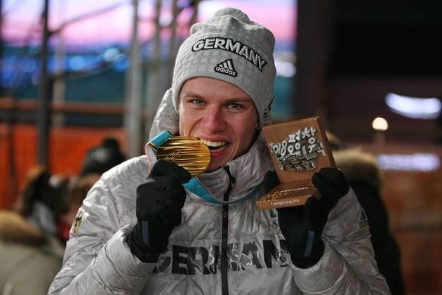 Andreas Cathy Eng during victory ceremony of ski jumping at the 2018 Olympic Games in PyeongChang 11 02 2018