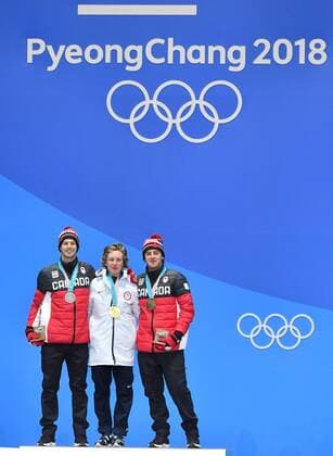 (180211) -- PYEONGCHANG, Feb. 11, 2018 -- Champion Redmond Gerard of the United States (C), second-placed Max Parrot of Canada (L) and third-placed Mark Mcmorris of Canada react during the medal ceremony of men s snowboard slopestyle at the 2018 PyeongChang Winter Olympic Games Olympische Spiele Olympia OS at the Phoenix Snow Park in PyeongChang, South Korea, on Feb. 11, 2018. ) (SP)OLY-SOUTH KOREA-PYEONGCHANG-SNOWBOARD-MEN S SLOPESTYLE-MEDAL CEREMONY LuixSiuxWai 