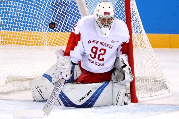 GANGNEUNG, SOUTH KOREA - FEBRUARY 11, 2018: Olympic Athlete from Russia, goalie Nadezhda Morozova in the women s preliminary round Group A Ice hockey Eishockey match against Canada at the 2018 Winter Olympic Games Olympische Spiele Olympia OS at Kwandong Hockey Centre. Valery Sharifulin TASS  TS07351E