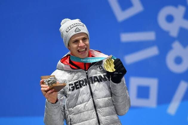 Andreas Walker GER Medal Gold Medal Olympic champion 1 square gold medalist gold gold medal Olympic Jubilee joy enthusiasm winners medals victory ceremony Olympic medals Plaza on 11 02 2018 ski jumping normal Hill men ski jumping Normal Hill at the Winter Olympics 2018 from 09 02 25 02 2018 in PyeongChang of South Korea