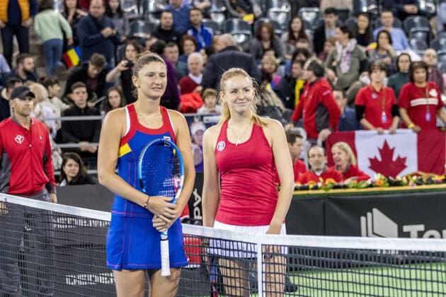 February 11, 2018: Irina Begu (ROU) and Katherine Sebov (CAN) during the FED Cup by BNP 2018 game between Romania and Canada at Sala Polivalenta, Cluj-Napoca, Romania ROU. Copyright: Cronos Catalin Soare  Copyright: xCronos CatalinxSoarex crfcs11022018118520