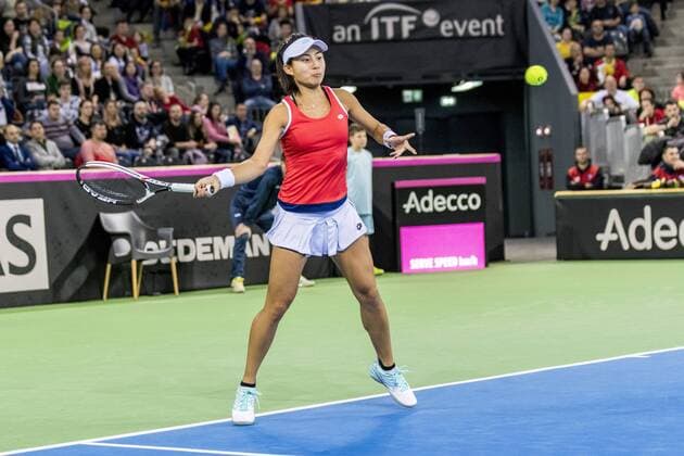 February 11, 2018: Carol Zhao (CAN) during the FED Cup by BNP 2018 game between Romania and Canada at Sala Polivalenta, Cluj-Napoca, Romania ROU. Copyright: Cronos Catalin Soare  Copyright: xCronos CatalinxSoarex crfcs11022018118629