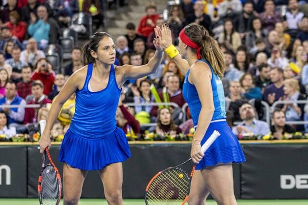February 11, 2018: Raluca Olaru (ROU) and Ana Bogdan (ROU) during the FED Cup by BNP 2018 game between Romania and Canada at Sala Polivalenta, Cluj-Napoca, Romania ROU. Copyright: Cronos Catalin Soare  Copyright: xCronos CatalinxSoarex crfcs11022018118651