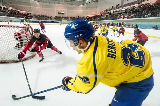 180212 Marc Andre Gragnani of Canada and Alexander Bergstrom of Sweden during the Men s Ice Hockey International Friendly match between Australia and Canada during day three of the 2018 Winter Olympics on February 12 2018 in Incheon Photo Petter Arvidson BILDBYRAN code PA 91961  Copyright: PETTERxARVIDSON BB180212PA030