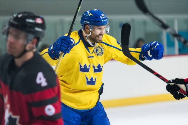 Fazlu 180212 Axelsson of Sweden celebrates after scoring the goal 1 0 during the Men s Ice Hockey International Friendly match between Australia and Canada during day three of the 2018 Winter Olympics on February 12 2018 in Incheon Photo Petter Arvidson BILDBYR N code PA 91961  Copyright: PETTERxARVIDSON BB180212PA044