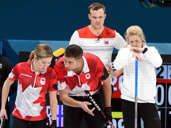 (180212) -- PYEONGCHANG, Feb. 12, 2018 -- Canada s Kaitlyn Lawes (1st L) and John Morris (2nd L) compete during the curling mixed doubles semifinal against Kristin Skaslien and Magnus Nedregotten from Norway at the 2018 PyeongChang Winter Olympic Games Olympische Spiele Olympia OS at the Gangneung Curling Centre in Gangneung, South Korea, on Feb. 12, 2018. Canada won 8-4. ) (SP)OLY-SOUTH KOREA-PYEONGCHANG-CURLING-MIXED DOUBLES-CAN VS NOR MaxPing 