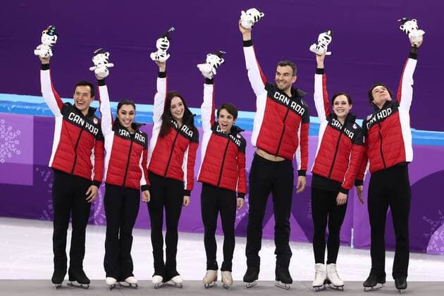 GANGNEUNG, SOUTH KOREA â€“ FEBRUARY 12, 2018: Gold medallists Patrick Chan, Gabrielle Daleman, Kaetlyn Osmond, Meagan Duhamel, Eric Radford, Tessa Virtue, and Scott Moir (L-R) of Canada hold plush toys of the PyeongChang 2018 Olympics mascot Soohorang as they pose at a flower ceremony for the Figure skating Eiskunstlauf team event at the 2018 Winter Olympic Games Olympische Spiele Olympia OS at the Gangneung Ice Arena. Valery Sharifulin TASS  TS0736AD