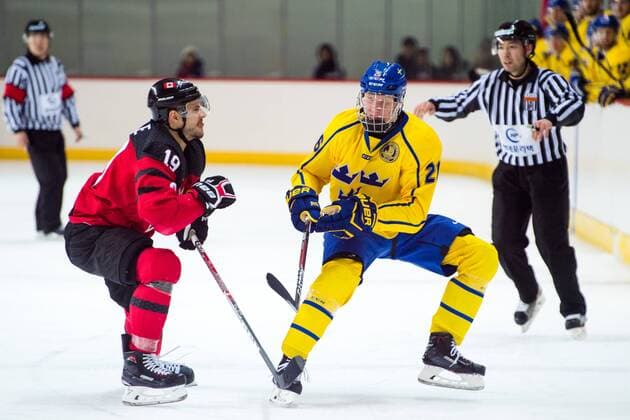 180212 Gilbert Brule of Canada and Rasmus Dahlin of Sweden during the Men s Ice Hockey International Friendly match between Australia and Canada during day three of the 2018 Winter Olympics on February 12 2018 in Incheon Photo Petter Arvidson BILDBYRAN code PA 91961  Copyright: PETTERxARVIDSON BB180212PA086