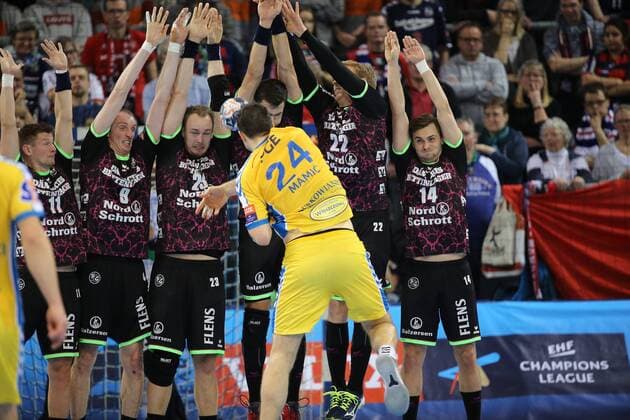 Flensburg 11 02 18 sports handball VELUX EHF Champions League season 2017 2018 group stage SG Flensburg Handewitt PGE Vive Kielce last action of 1 halftime Flensburg Schleswig-Holstein of Germany Flens arena Copyright: xAgentur54Gradx xSpeedphotosx