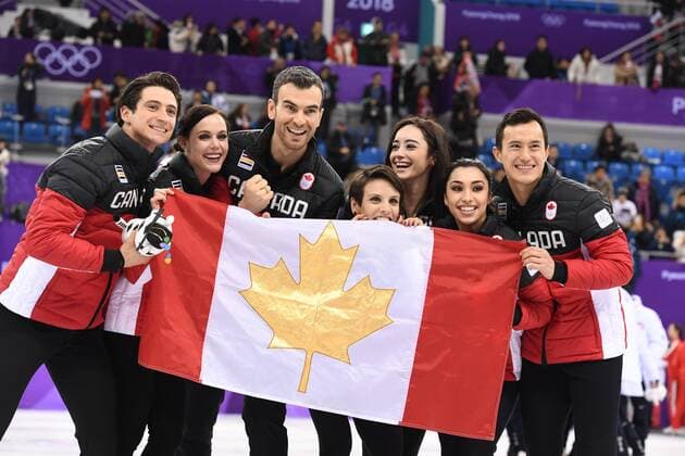 (180212) -- PYEONGCHANG, Feb. 12, 2018 -- Team Canada celebrate after winning the Figure skating Eiskunstlauf team event at the 2018 PyeongChang Winter Olympic Games Olympische Spiele Olympia OS in Gangneung Ice Arena, South Korea, on Feb. 12, 2018. Canada won the gold medal with 73 points in total. ) (SP)OLY-SOUTH KOREA-PYEONGCHANG-FIGURE SKATING-TEAM EVENT WangxSong 
