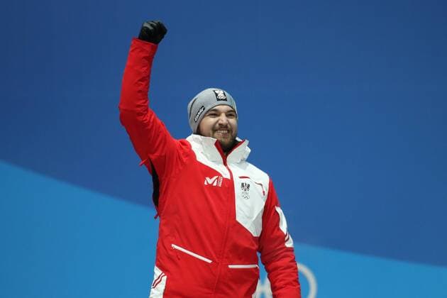 OLYMPICS - 2018 Winter Olympics PYEONGCHANG,SOUTH KOREA,12.FEB.18 - OLYMPICS, LUGE - Olympic Winter games Winterspiele Spiele Summer games PyeongChang 2018, Medals Plaza, men, award ceremony. Image shows David Gleirscher (AUT). GEPAxpictures xMaticxKlansek