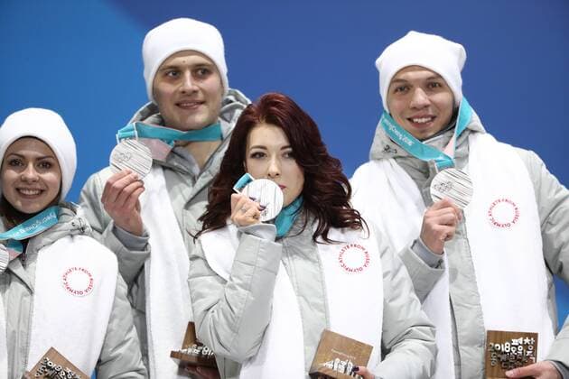 PYEONGCHANG, SOUTH KOREA â€“ FEBRUARY 12, 2018: Olympic Athletes from Russia Natalya Zabiyako, ALEXANDER Enbert, Ekaterina Bobrova, and Dmitri Soloviev (L-R) pose with their medal medals during the victory ceremony for the Figure skating Eiskunstlauf team event at the 2018 Winter Olympic Games Olympische Spiele Olympia OS Valery Sharifulin TASS  TS073748