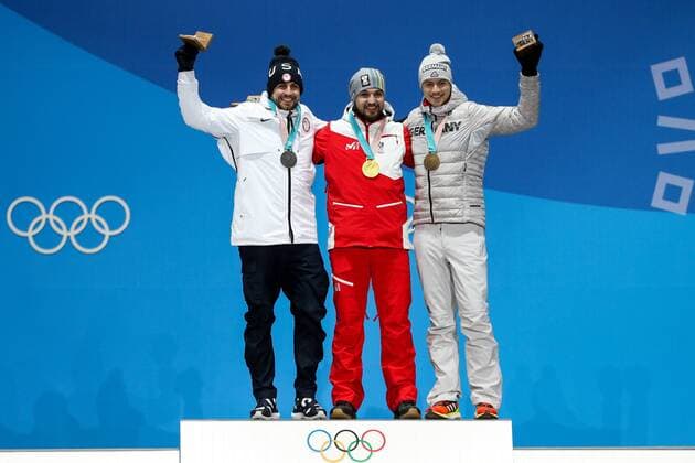 OLYMPICS - 2018 Winter Olympics PYEONGCHANG,SOUTH KOREA,12.FEB.18 - OLYMPICS, LUGE - Olympic Winter games Winterspiele Spiele Summer games PyeongChang 2018, Medals Plaza, men, award ceremony. Image shows Chris Mazdzer (USA), David Gleirscher (AUT) and Johannes Ludwig (GER). Keywords: medals.. GEPAxpictures xMaticxKlansek
