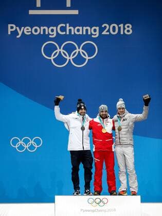OLYMPICS - 2018 Winter Olympics PYEONGCHANG,SOUTH KOREA,12.FEB.18 - OLYMPICS, LUGE - Olympic Winter games Winterspiele Spiele Summer games PyeongChang 2018, Medals Plaza, men, award ceremony. Image shows Chris Mazdzer (USA), David Gleirscher (AUT) and Johannes Ludwig (GER). Keywords: medals.. GEPAxpictures xMaticxKlansek