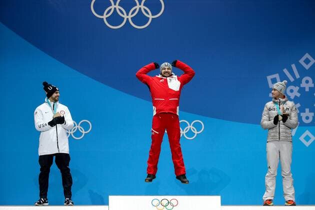 OLYMPICS - 2018 Winter Olympics PYEONGCHANG,SOUTH KOREA,12.FEB.18 - OLYMPICS, LUGE - Olympic Winter games Winterspiele Spiele Summer games PyeongChang 2018, Medals Plaza, men, award ceremony. Image shows Chris Mazdzer (USA), the rejoicing of David Gleirscher (AUT) and Johannes Ludwig (GER). GEPAxpictures xMaticxKlansek