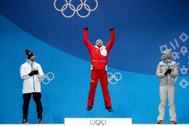 OLYMPICS - 2018 Winter Olympics PYEONGCHANG,SOUTH KOREA,12.FEB.18 - OLYMPICS, LUGE - Olympic Winter games Winterspiele Spiele Summer games PyeongChang 2018, Medals Plaza, men, award ceremony. Image shows Chris Mazdzer (USA), the rejoicing of David Gleirscher (AUT) and Johannes Ludwig (GER). GEPAxpictures xMaticxKlansek