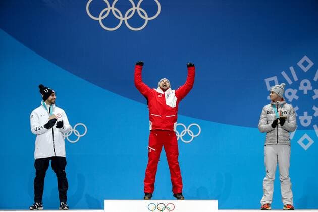 OLYMPICS - 2018 Winter Olympics PYEONGCHANG,SOUTH KOREA,12.FEB.18 - OLYMPICS, LUGE - Olympic Winter games Winterspiele Spiele Summer games PyeongChang 2018, Medals Plaza, men, award ceremony. Image shows Chris Mazdzer (USA), the rejoicing of David Gleirscher (AUT) and Johannes Ludwig (GER). GEPAxpictures xMaticxKlansek