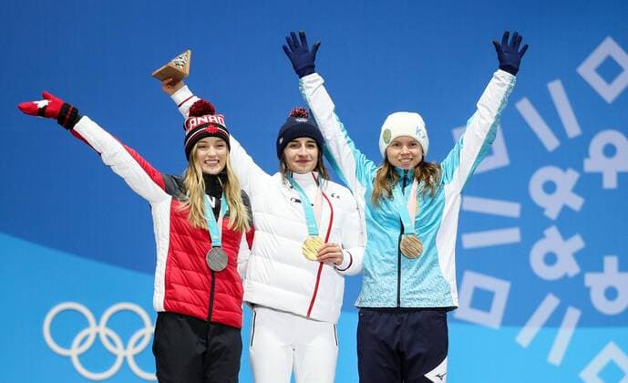 OLYMPICS - 2018 Winter Olympics PYEONGCHANG,SOUTH KOREA,12.FEB.18 - OLYMPICS, FREE SKI, FREESTYLE SKIING - Olympic Winter games Winterspiele Spiele Summer games PyeongChang 2018, Medals Plaza, Moguls, ladies, award ceremony. Image shows Justine Dufour-Lapointe (CAN), Perrine Laffont (FRA) and Yulia Galysheva (KAZ). Keywords: medals. GEPAxpictures xMaticxKlansek