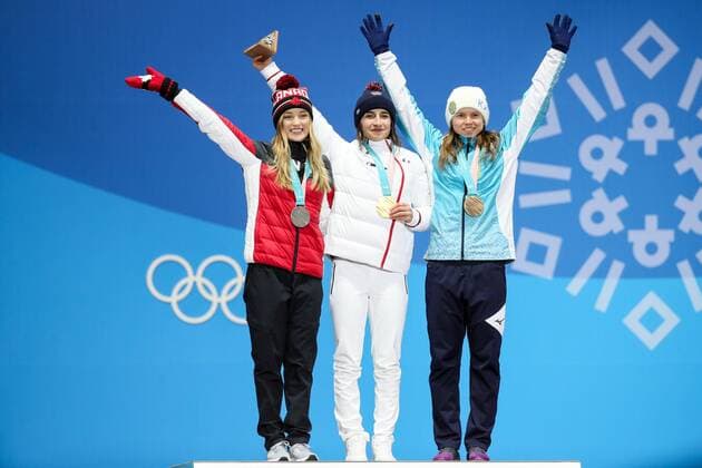 OLYMPICS - 2018 Winter Olympics PYEONGCHANG,SOUTH KOREA,12.FEB.18 - OLYMPICS, FREE SKI, FREESTYLE SKIING - Olympic Winter games Winterspiele Spiele Summer games PyeongChang 2018, Medals Plaza, Moguls, ladies, award ceremony. Image shows Justine Dufour-Lapointe (CAN), Perrine Laffont (FRA) and Yulia Galysheva (KAZ). Keywords: medals. GEPAxpictures xMaticxKlansek
