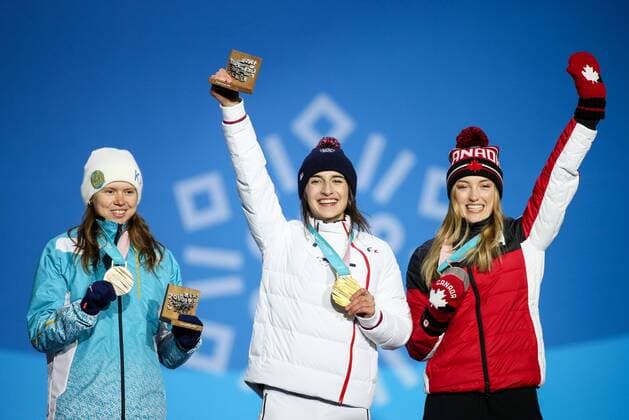 OLYMPICS - 2018 Winter Olympics PYEONGCHANG,SOUTH KOREA,12.FEB.18 - OLYMPICS, FREE SKI, FREESTYLE SKIING - Olympic Winter games Winterspiele Spiele Summer games PyeongChang 2018, Medals Plaza, Moguls, ladies, award ceremony. Image shows Justine Dufour-Lapointe (CAN), Perrine Laffont (FRA) and Yulia Galysheva (KAZ). Keywords: medals. GEPAxpictures xMaticxKlansek