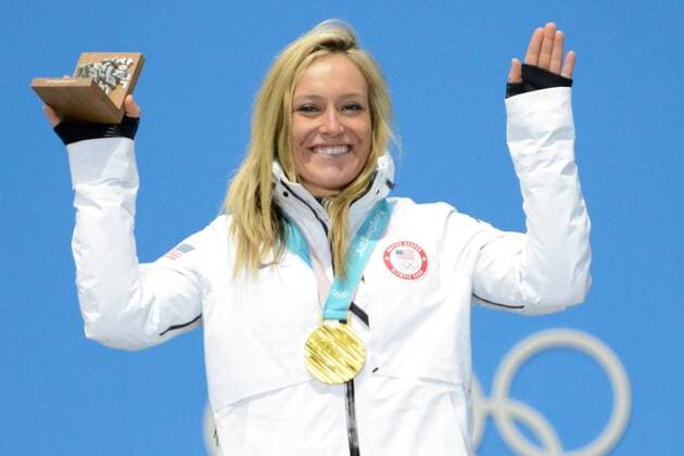 February 12, 2018 - Pyeongchang, South Korea - JAMIE ANDERSON of the United States with her gold medal from the snowboard Ladies Slopestyle event in the PyeongChang Olympic Games Olympische Spiele Olympia OS PyeongChang 18: Snowboard Women - ZUMAl132 20180212_zap_l132_005 Copyright: xChristopherxLevyx