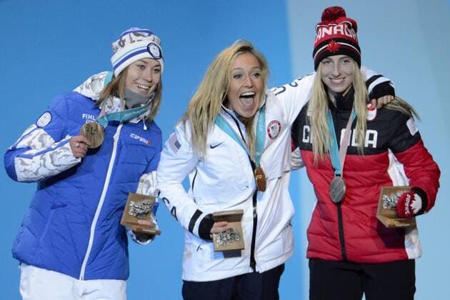 February 12, 2018 - Pyeongchang, South Korea - LAURIE BLOUIN of Canada , JAMIE ANDERSON of the Unites States and ENNI RUKAJARVI of Finland with their medals from the snowboard Ladies Slopestyle event in the PyeongChang Olympic Games Olympische Spiele Olympia OS PyeongChang 18: Snowboard Women - ZUMAl132 20180212_zap_l132_006 Copyright: xChristopherxLevyx