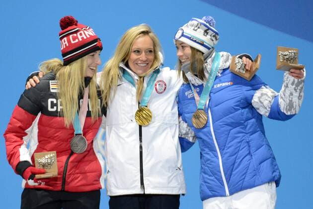 February 12, 2018 - Pyeongchang, South Korea - LAURIE BLOUIN of Canada , JAMIE ANDERSON of the Unites States and ENNI RUKAJARVI of Finland with their medals from the snowboard Ladies Slopestyle event in the PyeongChang Olympic Games Olympische Spiele Olympia OS PyeongChang 18: Snowboard Women - ZUMAl132 20180212_zap_l132_007 Copyright: xChristopherxLevyx