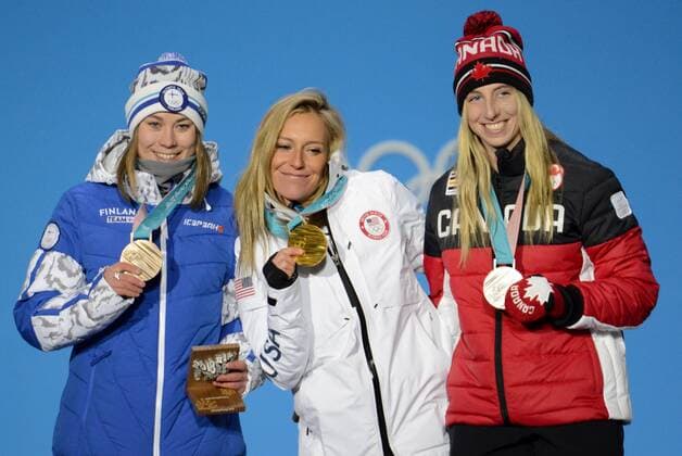 February 12, 2018 - Pyeongchang, South Korea - LAURIE BLOUIN of Canada , JAMIE ANDERSON of the Unites States and ENNI RUKAJARVI of Finland with their medals from the snowboard Ladies Slopestyle event in the PyeongChang Olympic Games Olympische Spiele Olympia OS PyeongChang 18: Snowboard Women - ZUMAl132 20180212_zap_l132_008 Copyright: xChristopherxLevyx