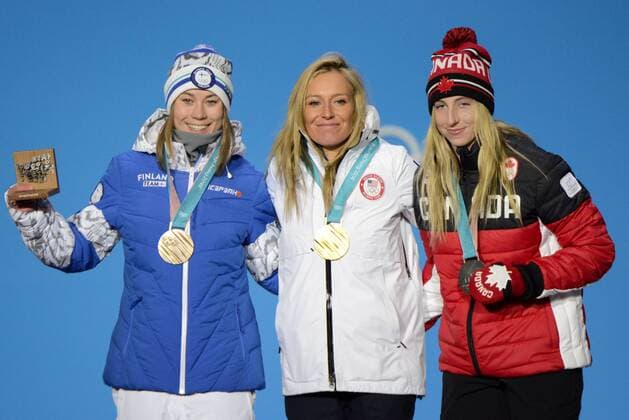 February 12, 2018 - Pyeongchang, South Korea - LAURIE BLOUIN of Canada , JAMIE ANDERSON of the Unites States and ENNI RUKAJARVI of Finland with their medals from the snowboard Ladies Slopestyle event in the PyeongChang Olympic Games Olympische Spiele Olympia OS PyeongChang 18: Snowboard Women - ZUMAl132 20180212_zap_l132_010 Copyright: xChristopherxLevyx