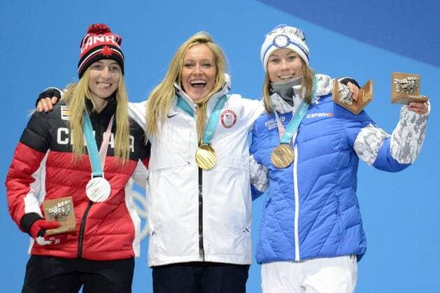February 12, 2018 - Pyeongchang, South Korea - LAURIE BLOUIN of Canada , JAMIE ANDERSON of the Unites States and ENNI RUKAJARVI of Finland with their medals from the snowboard Ladies Slopestyle event in the PyeongChang Olympic Games Olympische Spiele Olympia OS PyeongChang 18: Snowboard Women - ZUMAl132 20180212_zap_l132_011 Copyright: xChristopherxLevyx