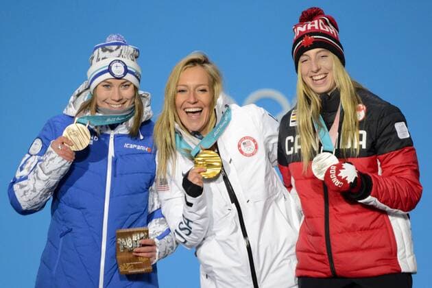 February 12, 2018 - Pyeongchang, South Korea - LAURIE BLOUIN of Canada , JAMIE ANDERSON of the Unites States and ENNI RUKAJARVI of Finland with their medals from the snowboard Ladies Slopestyle event in the PyeongChang Olympic Games Olympische Spiele Olympia OS PyeongChang 18: Snowboard Women - ZUMAl132 20180212_zap_l132_013 Copyright: xChristopherxLevyx