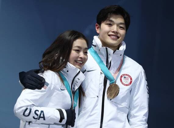 PYEONGCHANG, SOUTH KOREA â€“ FEBRUARY 12, 2018: Ice dancers Maia Shibutani and Alex Shibutani of the United States pose with their bronze medals during the victory ceremony for the Figure skating Eiskunstlauf team event at the 2018 Winter Olympic Games Olympische Spiele Olympia OS Valery Sharifulin TASS  TS073776