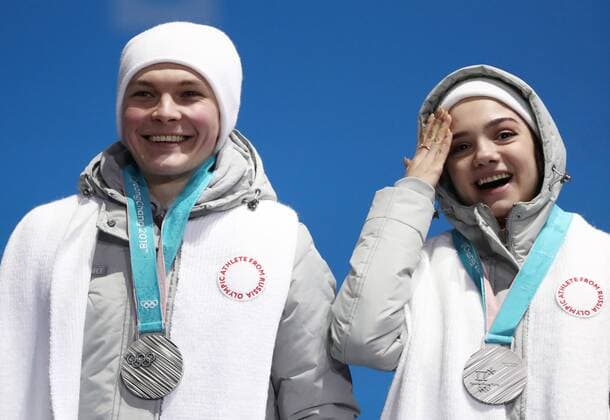 PYEONGCHANG, SOUTH KOREA â€“ FEBRUARY 12, 2018: Olympic Athletes from Russia Mikhail Kolyada (L) and Evgenia Medvedeva pose with their silver medals during the victory ceremony for the Figure skating Eiskunstlauf team event at the 2018 Winter Olympic Games Olympische Spiele Olympia OS Valery Sharifulin TASS  TS07377A