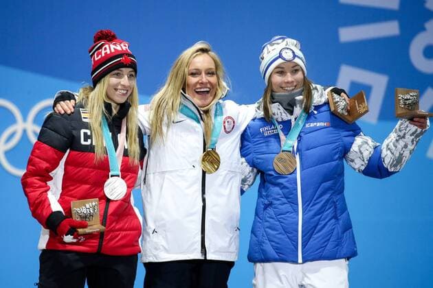 OLYMPICS - 2018 Winter Olympics PYEONGCHANG,SOUTH KOREA,12.FEB.18 - OLYMPICS, SNOWBOARDING - Olympic Winter games Winterspiele Spiele Summer games PyeongChang 2018, Medals Plaza, Slopestyle, ladies, award ceremony. Image shows Laurie Blouin (CAN), Jamie Anderson (USA) and Enni Rukajarvi (FIN). Keywords: medals. GEPAxpictures xMaticxKlansek