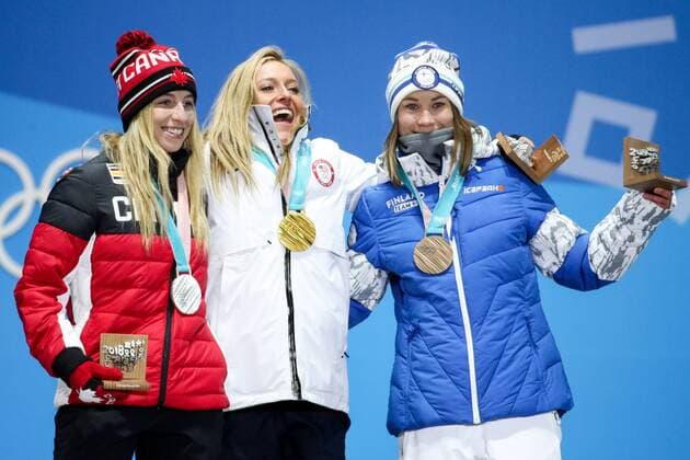 OLYMPICS - 2018 Winter Olympics PYEONGCHANG,SOUTH KOREA,12.FEB.18 - OLYMPICS, SNOWBOARDING - Olympic Winter games Winterspiele Spiele Summer games PyeongChang 2018, Medals Plaza, Slopestyle, ladies, award ceremony. Image shows Laurie Blouin (CAN), Jamie Anderson (USA) and Enni Rukajarvi (FIN). Keywords: medals. GEPAxpictures xMaticxKlansek