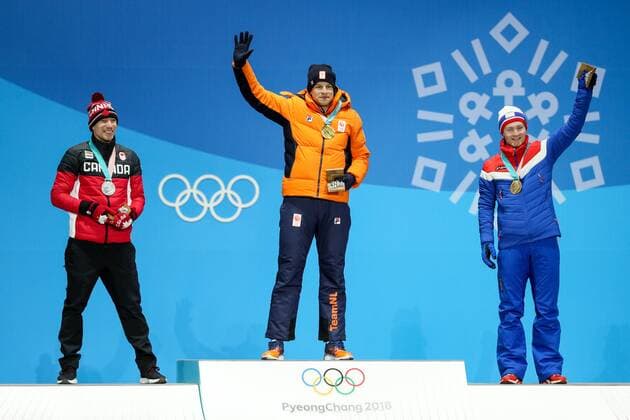OLYMPICS - 2018 Winter Olympics PYEONGCHANG,SOUTH KOREA,12.FEB.18 - OLYMPICS, Speed skating Eisschnelllauf - Olympic Winter games Winterspiele Spiele Summer games PyeongChang 2018, Medals Plaza, 5000m, men, award ceremony. Image shows Ted-Jan Bloemen (CAN), Sven Kramer (NED) and Sverre Lunde Pedersen (NOR). Keywords: medals. GEPAxpictures xMaticxKlansek
