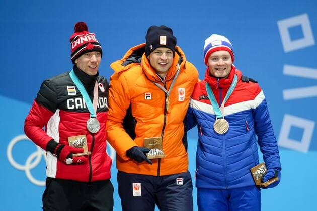 OLYMPICS - 2018 Winter Olympics PYEONGCHANG,SOUTH KOREA,12.FEB.18 - OLYMPICS, Speed skating Eisschnelllauf - Olympic Winter games Winterspiele Spiele Summer games PyeongChang 2018, Medals Plaza, 5000m, men, award ceremony. Image shows Ted-Jan Bloemen (CAN), Sven Kramer (NED) and Sverre Lunde Pedersen (NOR). Keywords: medals. GEPAxpictures xMaticxKlansek