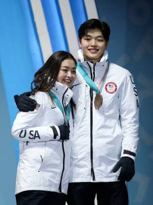 OLYMPICS - 2018 Winter Olympics PYEONGCHANG,SOUTH KOREA,12.FEB.18 - OLYMPICS, Figure skating Eiskunstlauf - Olympic Winter games Winterspiele Spiele Summer games PyeongChang 2018, Medals Plaza, team event, award ceremony. Image shows Maia Shibutani and Alex Shibutani (USA). Keywords: medals. GEPAxpictures xMaticxKlansek