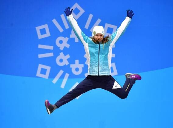 Bronze medalist Kazakstan s Yulia Galysheva celebrates during the medal ceremony for Ladies Moguls during the Pyeongchang 2018 Winter Olympics in Pyeongchang, South Korea, on February 12, 2018.  OLY20180212358 KEVINxDIETSCH