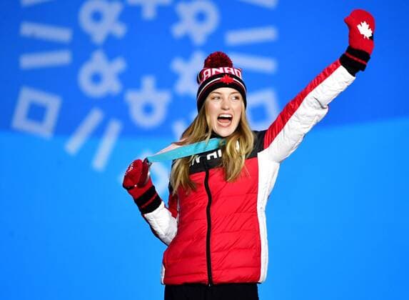 Silver medalist Canada s Justine Dufour-Lapointe celebrates during the medal ceremony for Ladies Moguls during the Pyeongchang 2018 Winter Olympics in Pyeongchang, South Korea, on February 12, 2018.  OLY20180212343 KEVINxDIETSCH