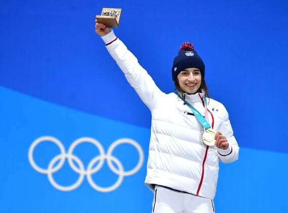 Gold medalist France s Perrine Laffont celebrates during the medal ceremony for Ladies Moguls during the Pyeongchang 2018 Winter Olympics in Pyeongchang, South Korea, on February 12, 2018.  OLY20180212347 KEVINxDIETSCH